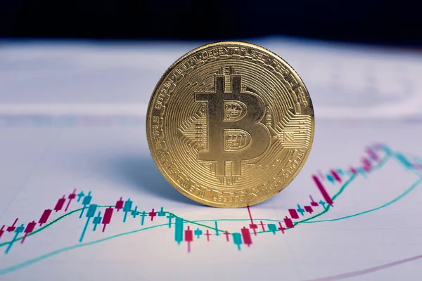 Altın bitcoin kripto para kendi ucunda duruyor. Kripto para birimindeki değişimlerin grafiği ofisteki ahşap bir masada yatıyor.