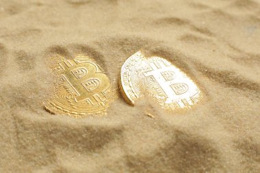 Kumda iki bitcoin para var. Yakın plan..