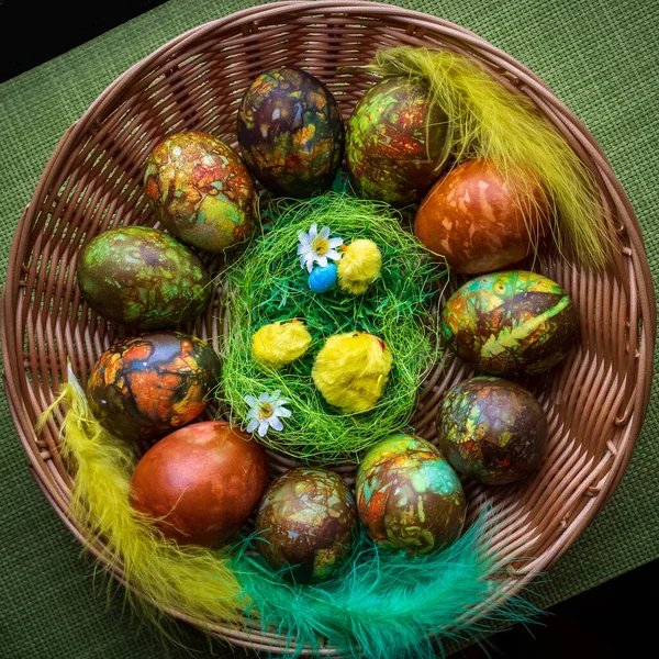 One Most Beautiful Colorful Easter Eggs Ever Seen Straw Basket — Fotografia de Stock