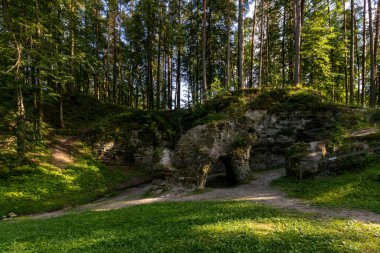 Parlak yeşil tonlu parlak doğa fotoğrafçılığı. Mağaraları ve taşları olan doğal bir nesne. Sıcak yaz, her şey yeşil. Bir sürü yaprak döken ağaç, yeşil çimen. Uçurumun ortasında bir geçit, bir kapı gibi..
