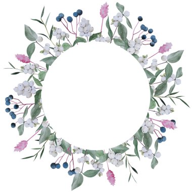 Bahçe yeşili, suluboya çerçeveli el. Yeşil yapraklı bir çelengin suluboya çizimi. Düğün davetiyesi şablonu, tebrik kartı, geçmiş