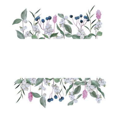 Suluboya ile çizilmiş yeşillik çerçeveli el. Yeşil yapraklı bir çelengin suluboya çizimi. Düğün davetiyesi şablonu, tebrik kartı, geçmiş