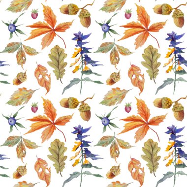 Beyaz arka planda suluboya orman bitkilerinin pürüzsüz deseni.