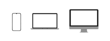 Akıllı telefon, dizüstü bilgisayar, masaüstü kişisel bilgisayar modeli ve boş ekran. İlan için telefon, defter, bilgisayar ekranına bir yer. Krom anahtar, aygıtlardaki boşluğu kopyala. Tasarım elemanları. Ekranda kromakey alanı olan modern aygıtlar.