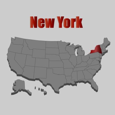 Amerika Birleşik Devletleri haritasında New York eyaleti kırmızı. ABD haritası 3d.