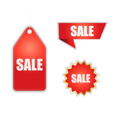 İndirimli çıkartmalar. İndirimli kırmızı rozetler. Çevrimiçi satış simgeleri.