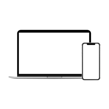 Gri dizüstü bilgisayar ve boş ekran vektör resimli akıllı telefon. Defter beyaz arka planda izole edilmiş, reklam için yer var. Kişisel bilgisayarın ekranında Chromakey alanı.
