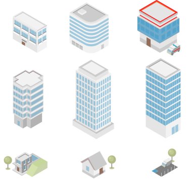İzometrik binalar kuruldu. Beyaz arkaplanda izole edilmiş hafif evler.