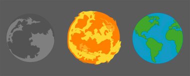 Gri arkaplanda Dünya, Güneş ve Ay. Üç düz uzay objesi. Sarı yıldız, mavi gezegen ve gri uydu vektör çizimi.