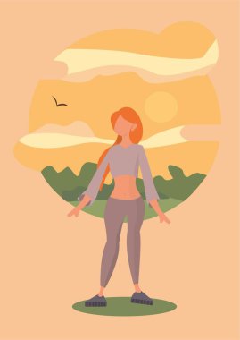 Arka planda doğa olan spor takım elbiseli çekici genç bir kız. Yogacı kadın dışarıda egzersiz ve meditasyon yapıyor..