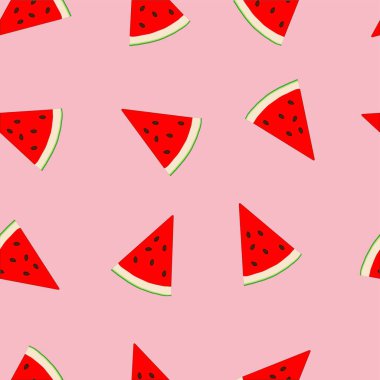 Pembe arka planda krem rengi kırmızı ve yeşil karpuz deseni. Tekstil ve kumaş için el yapımı karikatür meyveleri. Parlak karpuz üçgeni dilimleri.