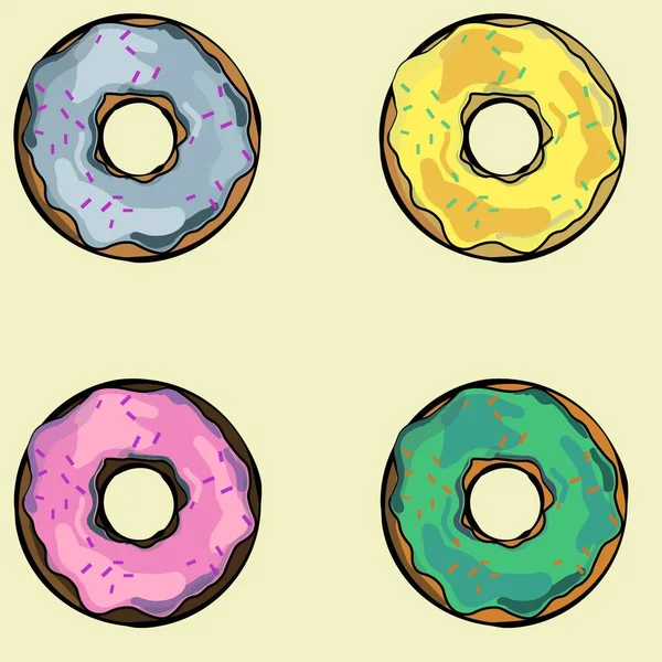 Vier Donuts Mit Blauer Gelber Rosa Und Grüner Füllung Auf — Stockvektor