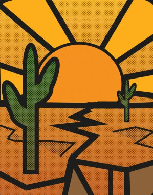 Parlak güneşli, kumlu ve kaktüslü çöl manzarası. Tekila etiket tasarımı.