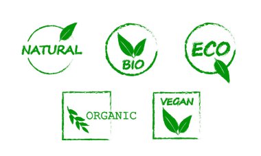 Yeşil ürün amblemleri ayarlandı. Doğal, biyolojik, eko, organik, vegan.
