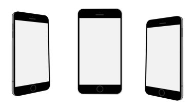 Akıllı telefon model perspektif seti. Boş ekranlı telefonlar ve ekranda kopyalama alanı. Uygulama için modern cihaz, web sitesi reklamı. UI, UX tasarımı. Vektör illüstrasyonu.