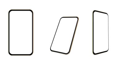 Akıllı telefon model perspektif seti. Boş ekranlı telefonlar ve ekranda kopyalama alanı. Uygulama için modern cihaz, web sitesi reklamı. UI, UX tasarımı. Vektör illüstrasyonu.