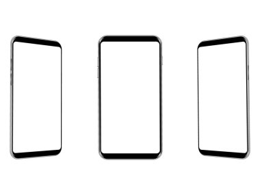 Akıllı telefon model perspektif seti. Boş ekranlı telefonlar ve ekranda kopyalama alanı. Uygulama için modern cihaz, web sitesi reklamı. UI, UX tasarımı. Vektör illüstrasyonu.