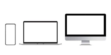 Boş ekranlı üç cihaz. Akıllı telefon, bilgisayar ve dizüstü bilgisayar reklam için uygun. Ekranda kromakey alanı olan modern cihazlar. Cep telefonu, bilgisayar ve defter..