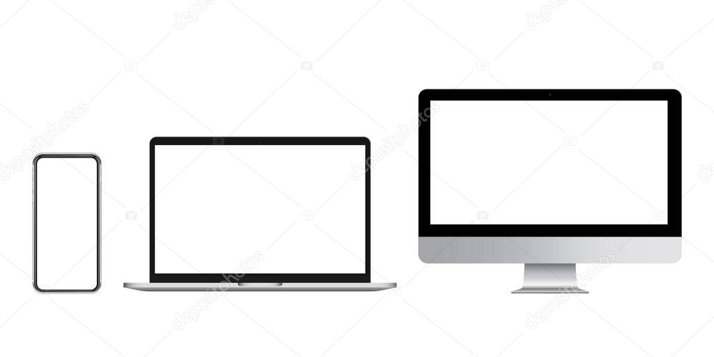 Three devices with blank screen. Smartphone, computer and laptop with place for advertising. Modern gadgets with chromakey space on screen. Mobile phone, PC and notebook.