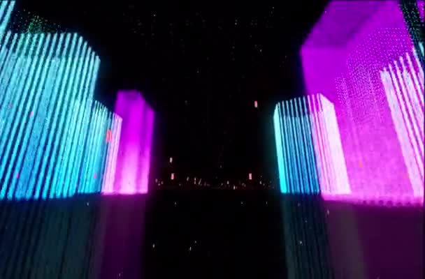 Nowoczesne Neonowe Miasto Lot Pomiędzy Kreatywnymi Futurystycznymi Budynkami Renderowanie — Wideo stockowe
