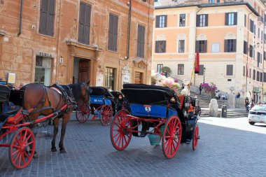 Roma, İtalya - 27 Nisan 2012 Roma meydanında at arabaları. İtalya