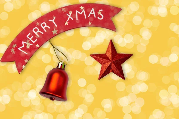 decorative background with Christmas greeting sign, bell and red star.