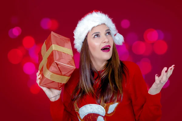 Bella Donna Con Cappello Maglione Natale Che Indossa Una Bella — Foto Stock