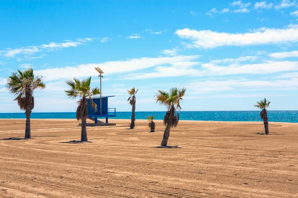 Bolnuevo Murcia Испанский Пляж Коричневым Песком Солнечный День Пальмами Сторожевым — стоковое фото