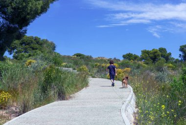 4-5 yaşlarında bir çocuk, küçük köpeğiyle doğa yolunda yürüyor.