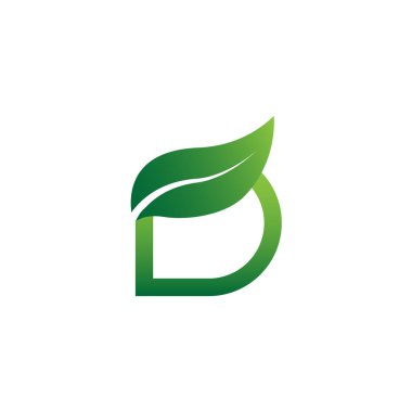 D harfi yeşil ve yapraklar. D harfi ve yaprağı birleştirin. Eşsiz ve basit bir sembol. Beyaz arka plan. Modern şablon. Şirket markası ve grafik tasarımı için. .eps10 vektör illüstrasyonu