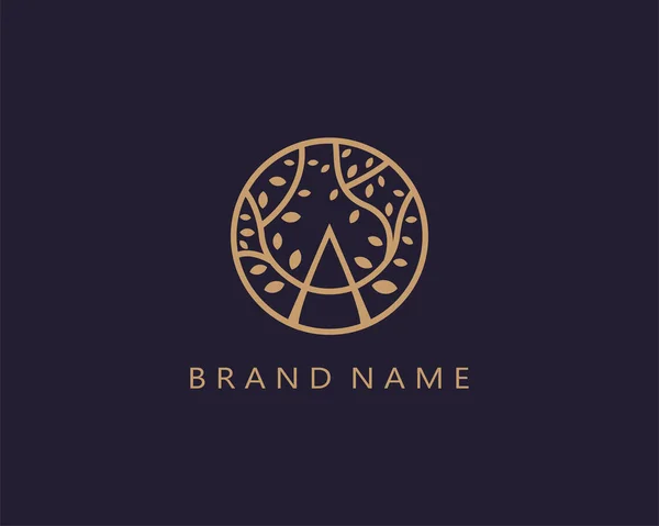 ロゴイニシャル文字Aロゴの性質 エレガントで豪華な金の質感 文字Aと自然木の組み合わせデザイン 企業ブランドのために モダンでシンプルでユニークなロゴテンプレート — ストックベクタ