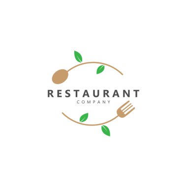 Restoran logosu, yeşil yaprak kaşığı ve çatal çizimi tasarımı. Doğal, organik ve besleyici gıdanın sembolü.