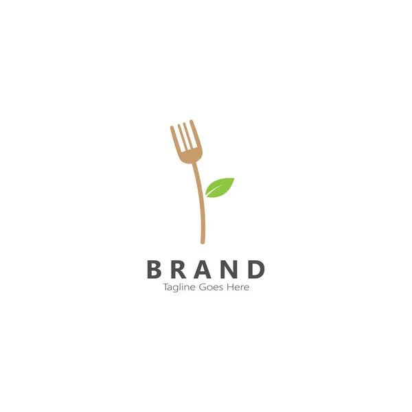 葉フォークのロゴ 茶色のフォークと緑の葉のイラストベクトルのフードアイコン レストランのブランドや料理のニーズに ロゴテンプレート — ストックベクタ