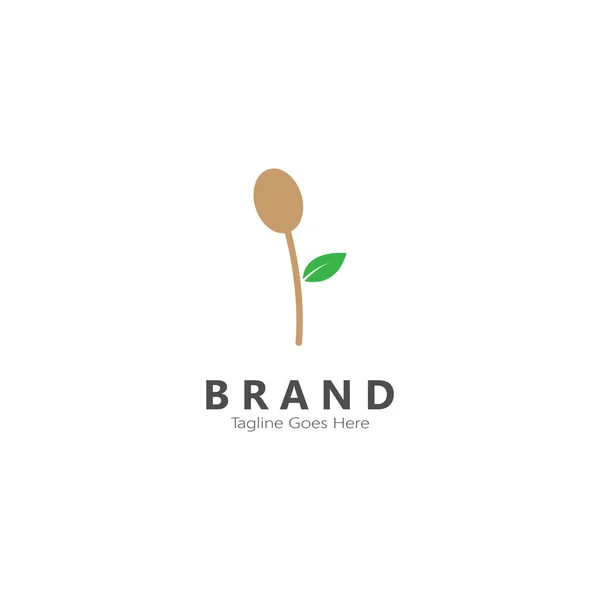 Logo Łyżki Liści Ikona Żywności Wektorową Ilustracją Brązowej Łyżki Zielonego — Wektor stockowy