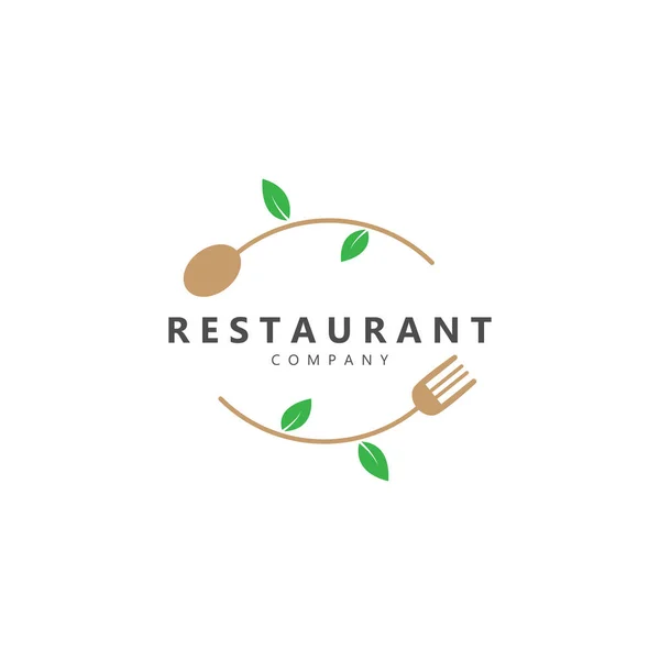 Logo Del Restaurante Con Cuchara Hoja Verde Diseño Ilustración Tenedor — Vector de stock