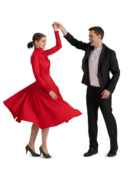 Dans eden mutlu bir çift ve beyaz arka planda kırmızı elbiseli bir kadın.