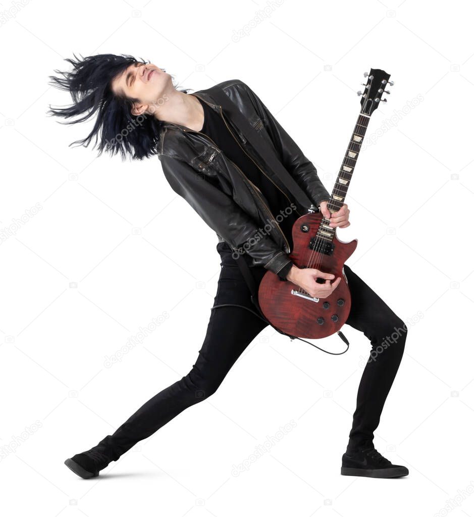 Rock musician playing electric guitar isolated on white background
