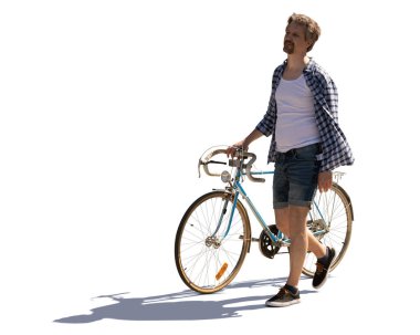 Havalı hippi bir bisikletle yürüyor, arka planda beyaz arka planda izole edilmiş insanlar var.