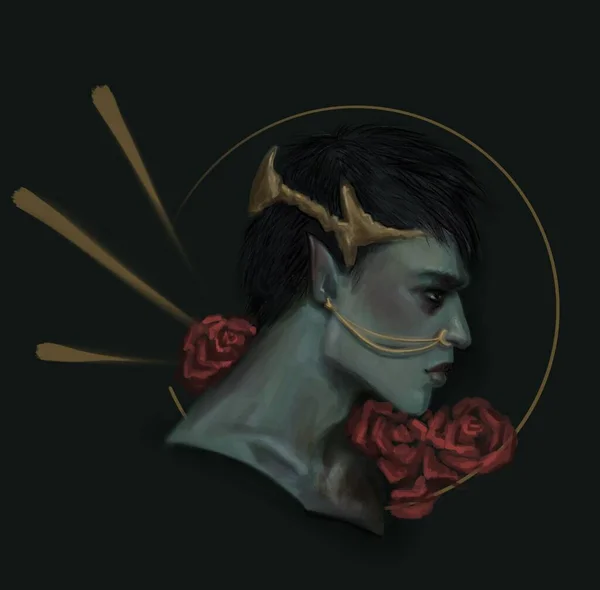 Dark elf\'s portrait in profile. Drow with a diadem. Roses and gold on the dark background.