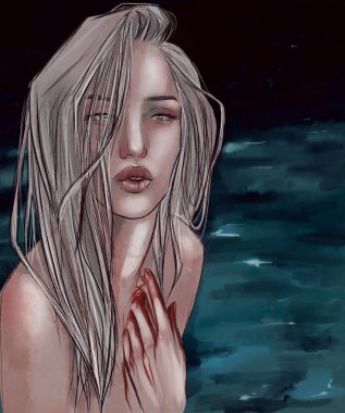 Ağlayan denizkızı. Sürtük kız. Denizin arka planına karşı. Çizgi sanatı çizimi. Renkli resim. 