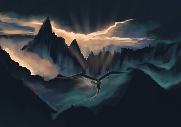 Фантастическая иллюстрация пейзажа с летающим драконом. Сине-желтые цвета. Красочный.