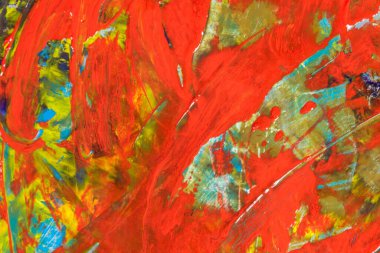 Renkli yaratıcı arkaplan: Ahşap bir palette yağlı boya kalıntıları, kısa odak, seçici bulanık