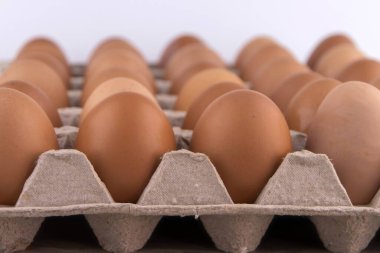 Koruyucu karton tepside bir sürü taze kırmızı yumurta.