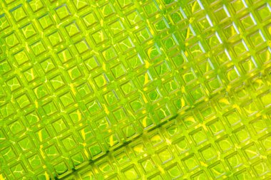 Doğal yeşil arkaplan: buğulu geniş yapraklı damarlar, kıvrımlı camlar aracılığıyla görülebilir.