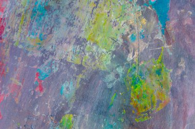 Renkli yaratıcı arkaplan: Ahşap bir palette yağlı boya kalıntıları, kısa odak, seçici bulanık