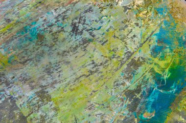 Renkli yaratıcı arkaplan: Ahşap bir palette yağlı boya kalıntıları, kısa odak, seçici bulanık