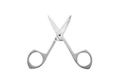 El bakım aracı - küçük, paslanmaz çelik manikür makası, beyaz arka planda izole, yakın, kısa odaklı