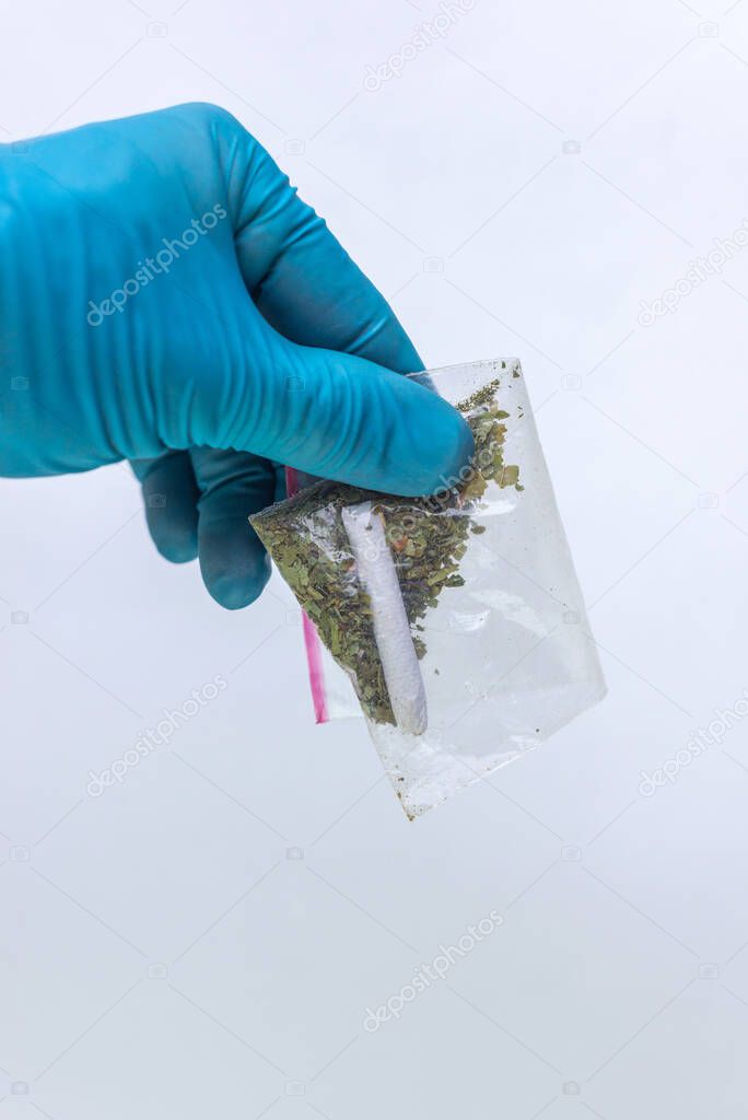 weed and ready-made narcotic cigarette in a bag in the hand of a police expert