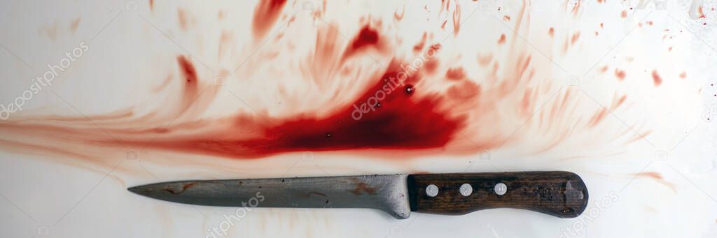 bloody knife and blood stains in a white bath, short focus, toning
