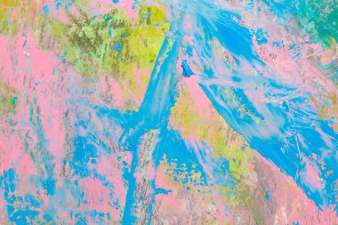 Renkli yaratıcı arkaplan: Ahşap bir palette yağlı boya kalıntıları, kısa odak, seçici bulanık